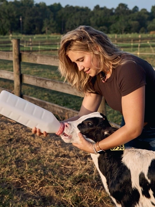 Dairy farmer bottle-feeding a calf